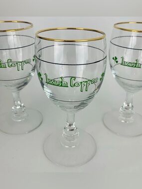 Vintage Irish Coffee Stem Glass with Gold Rim and Green Script Set of 6